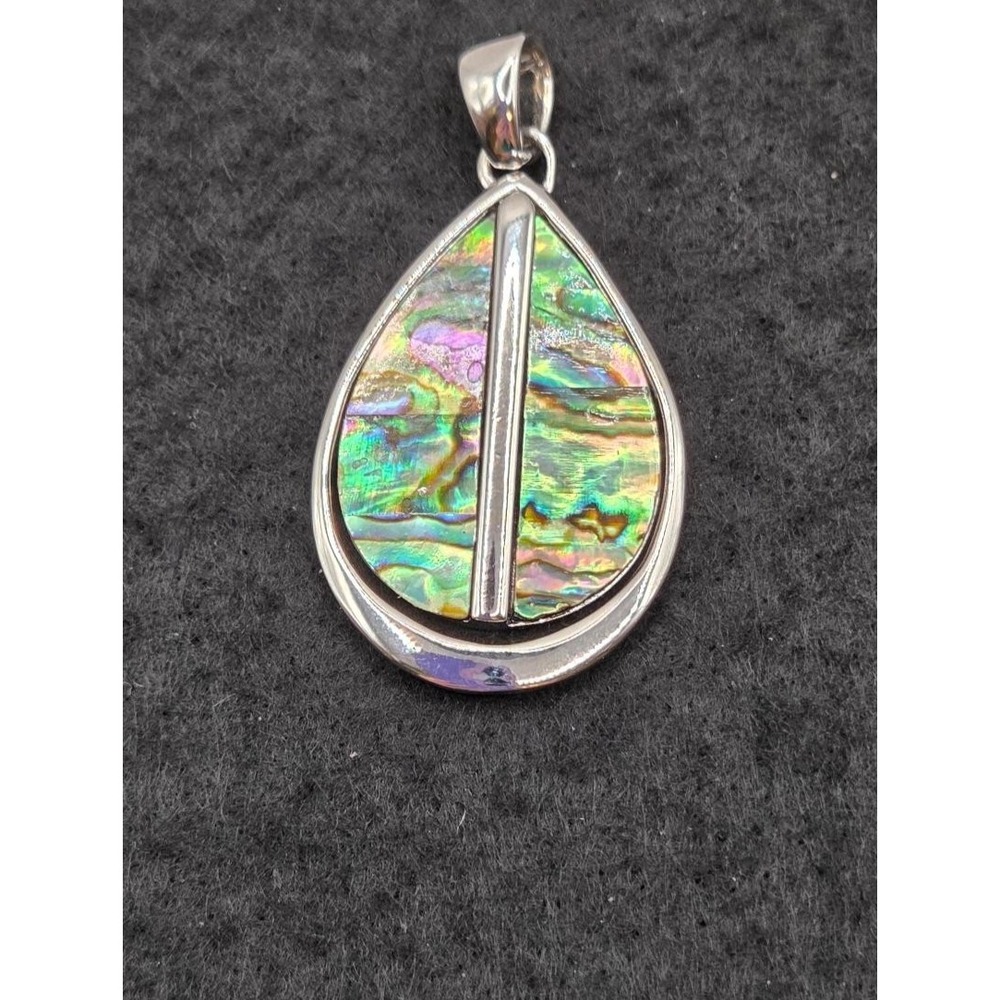 Lia Sophia Iridescent Genuine Abalone Shell Silver Tone Teardrop Oval Pendant 2"